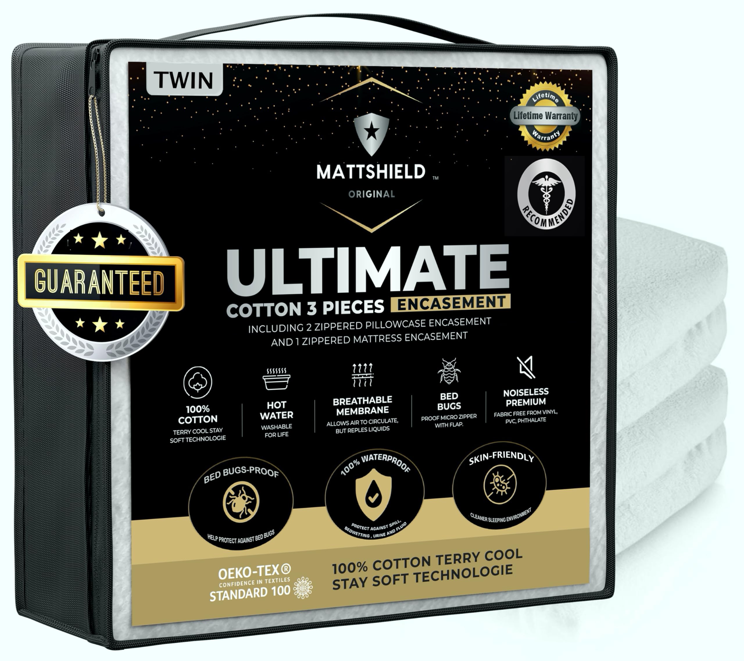 MATTSHIELD New Ultimate 3-Piece Kit - Bed Bug-Proof Mattress Cover Twin Size 100% Cotton Top + 2 Pillow Protectors with Zipper - 6 Sided Waterproof