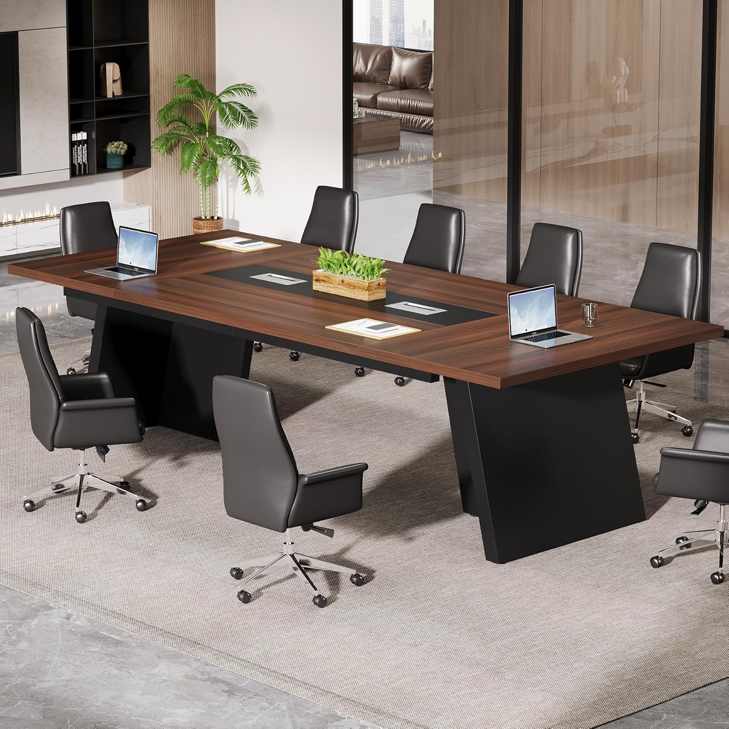 Tribesigns 8ft Conference Table, Large Meeting Table for 8-10 People, Business Seminar Furniture for Office Conference Room, Walnut &amp; Black