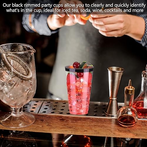 Miniatura 3 de 100 vasos de plástico con borde negro de 16 onzas vasos desechables de plástico para fiestas vasos desechables antiguos para bodas vino café agua