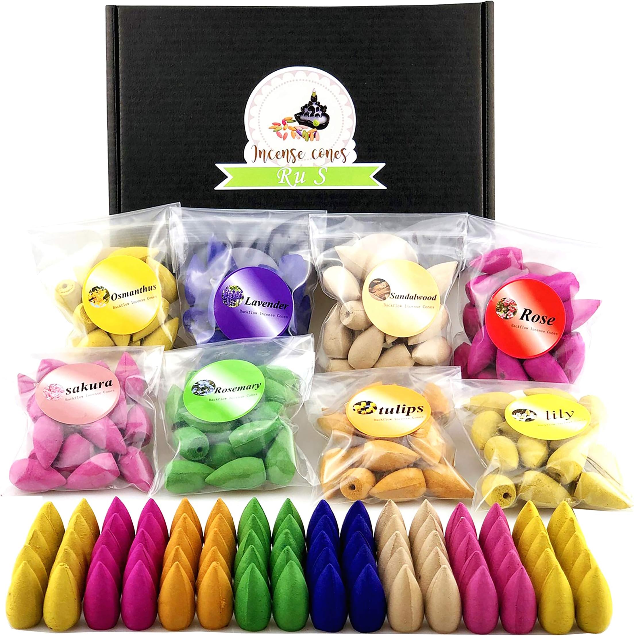 Ru S 160 Pcs Backflow Incense Cones 8 Mixed Natural Scents Sandalwood Rose Lily Tulips Rosemary Lavender Sakura Osmanthus