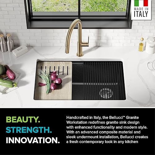 Miniatura 5 de Kraus KGF1-30BLACK Bellucci - Fregadero de cocina con tabla de cortar, CeramTek, 30 pulgadas, compuesto de granito y cuarzo, un sólo seno Negro