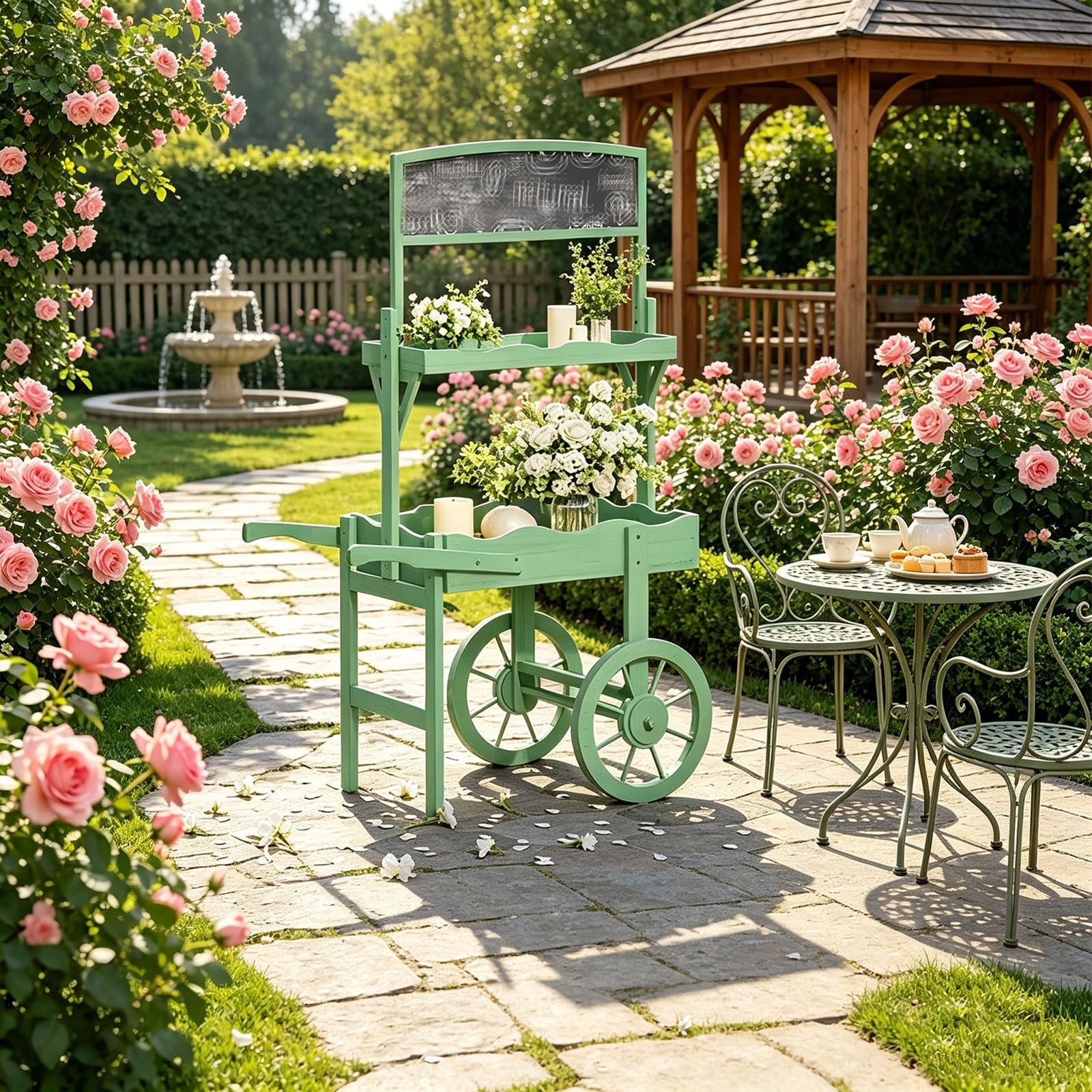 Carrello per Fiori con Ruote per Negozio Fiori Carretto per Dolciumi a Due Piani In Legno Massello con Lavagna Carretto Espositivo In Legno per Vetrine Negozi per Fiorai Cortili Giardini(White)
