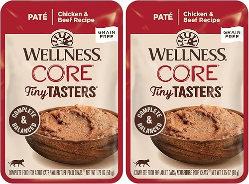 Miniatura 17 de Wellness CORE Tiny Tasters - Alimento húmedo para gatos adultos, natural, rico en proteínas, sin granos, receta de atún y salmón, 1.75 onzas