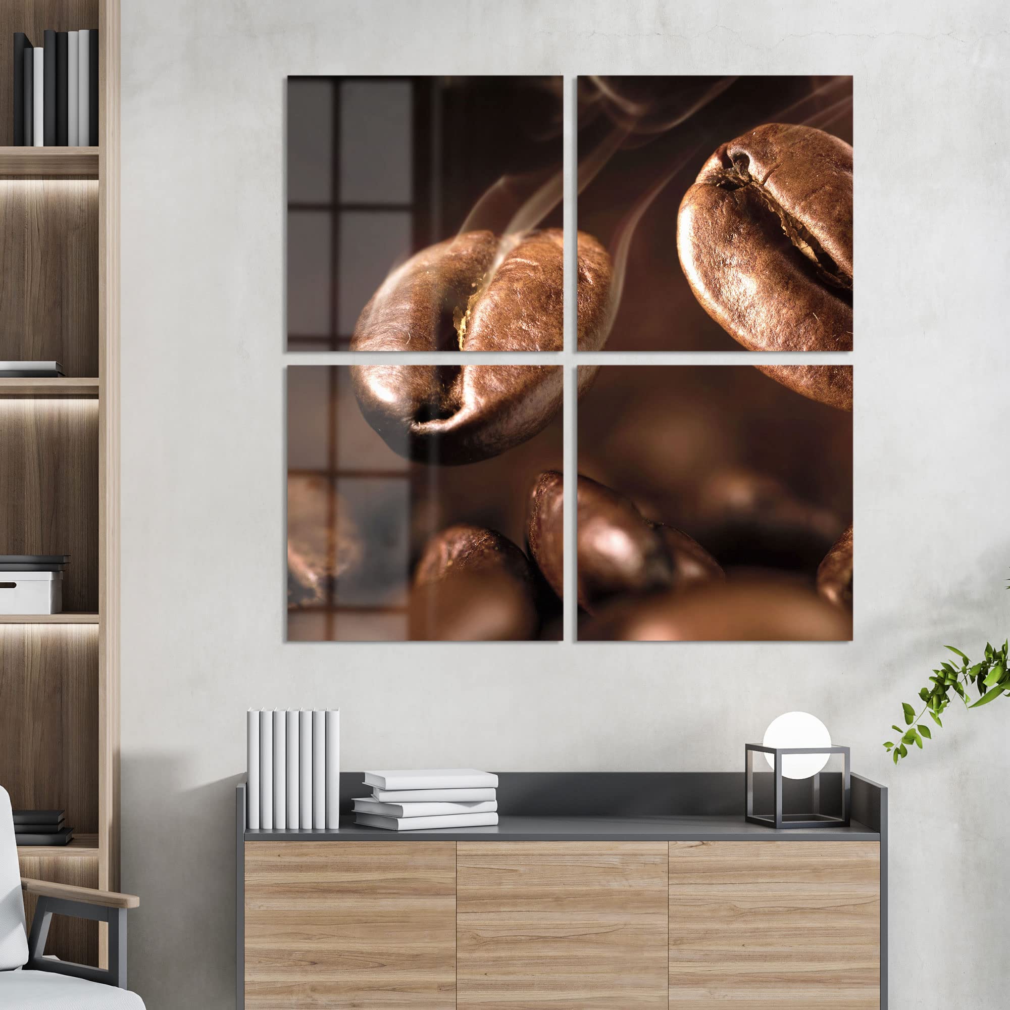 DEQORI Obrazy na szkle z prawdziwego szkła, motyw pachnących ziaren kawy, kwadratowe, 4-częściowe, 100 x 100 cm, duża dekoracja XXL, obrazy ścienne do salonu, sypialni, przedpokoju i kuchni, nowoczesna dekoracja ścienna