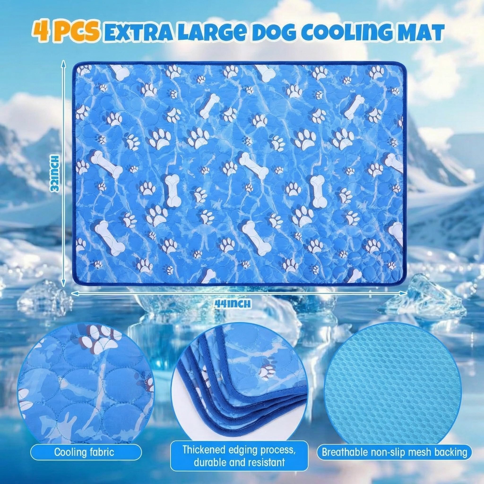 Sadnyy 4 alfombrillas de refrigeración extragrandes para perros de 44 x 32 pulgadas, para climas cálidos, ligeras, frescas al tacto, lavables y transpirables, para perreras, hogar en verano, no