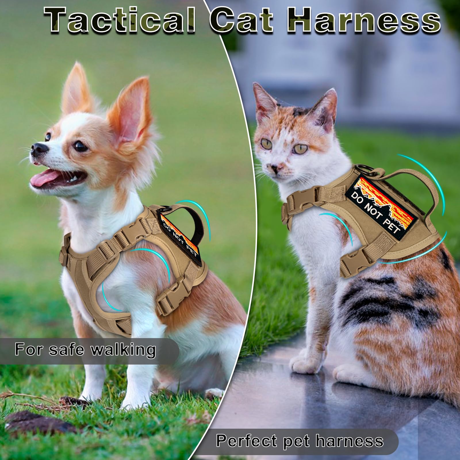 Set di pettorina e guinzaglio tattico per gatti, regolabile, a prova di fuga, per gatti di grandi dimensioni, facile da controllare, traspirante, con manico, toppe Molle (cachi + guinzaglio