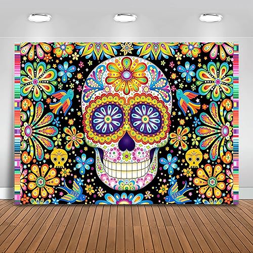 Mocsicka Telón de fondo del Día de los Muertos, decoración mexicana de fiesta del Día de los Muertos, flores de calavera, cumpleaños, baby shower,