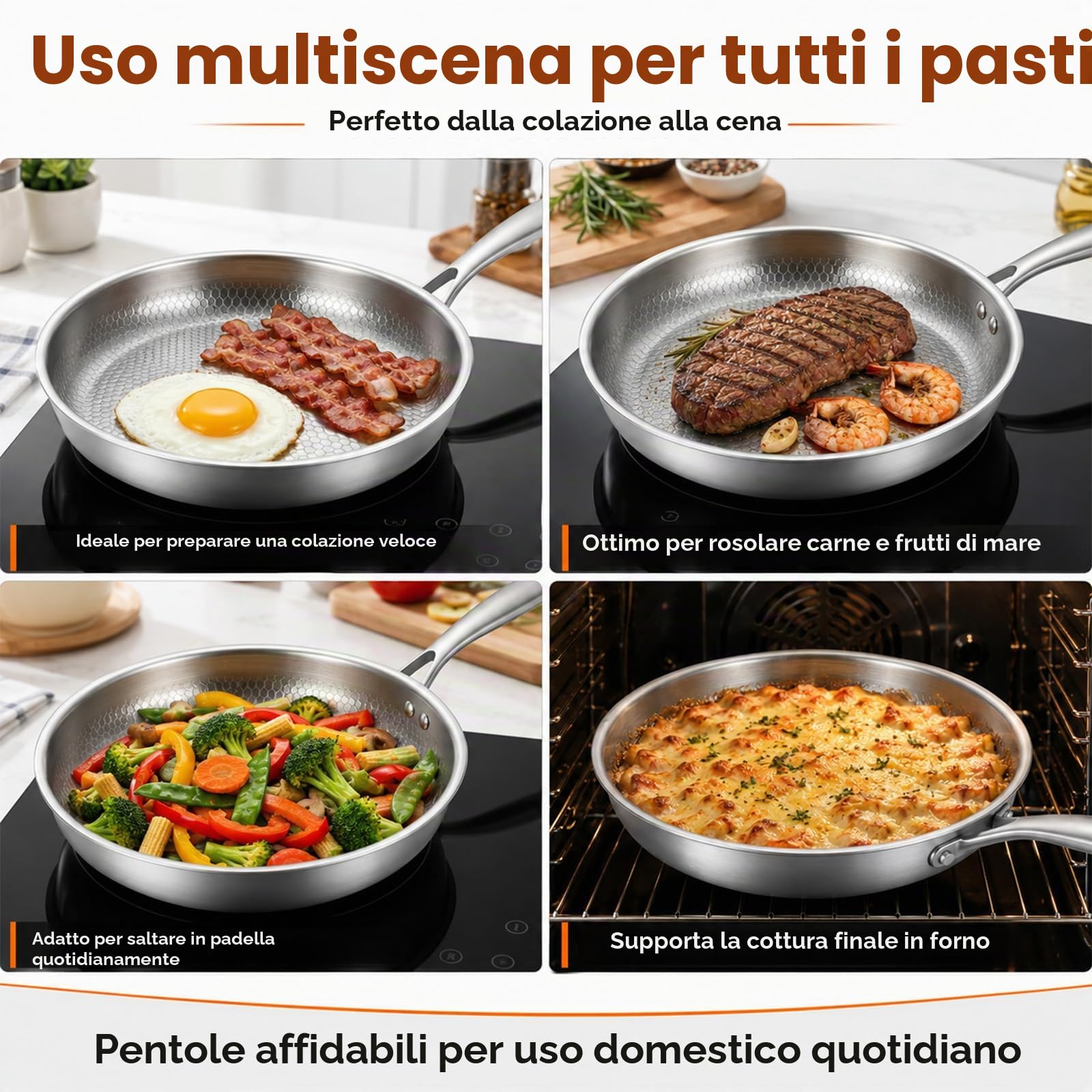 Titan, padella con coperchio, in titanio senza rivestimento, padelle in titanio con motivo martellato per cucinare, antigraffio, antiaderente, padella in titanio Pro induzione, per cucina e campeggio