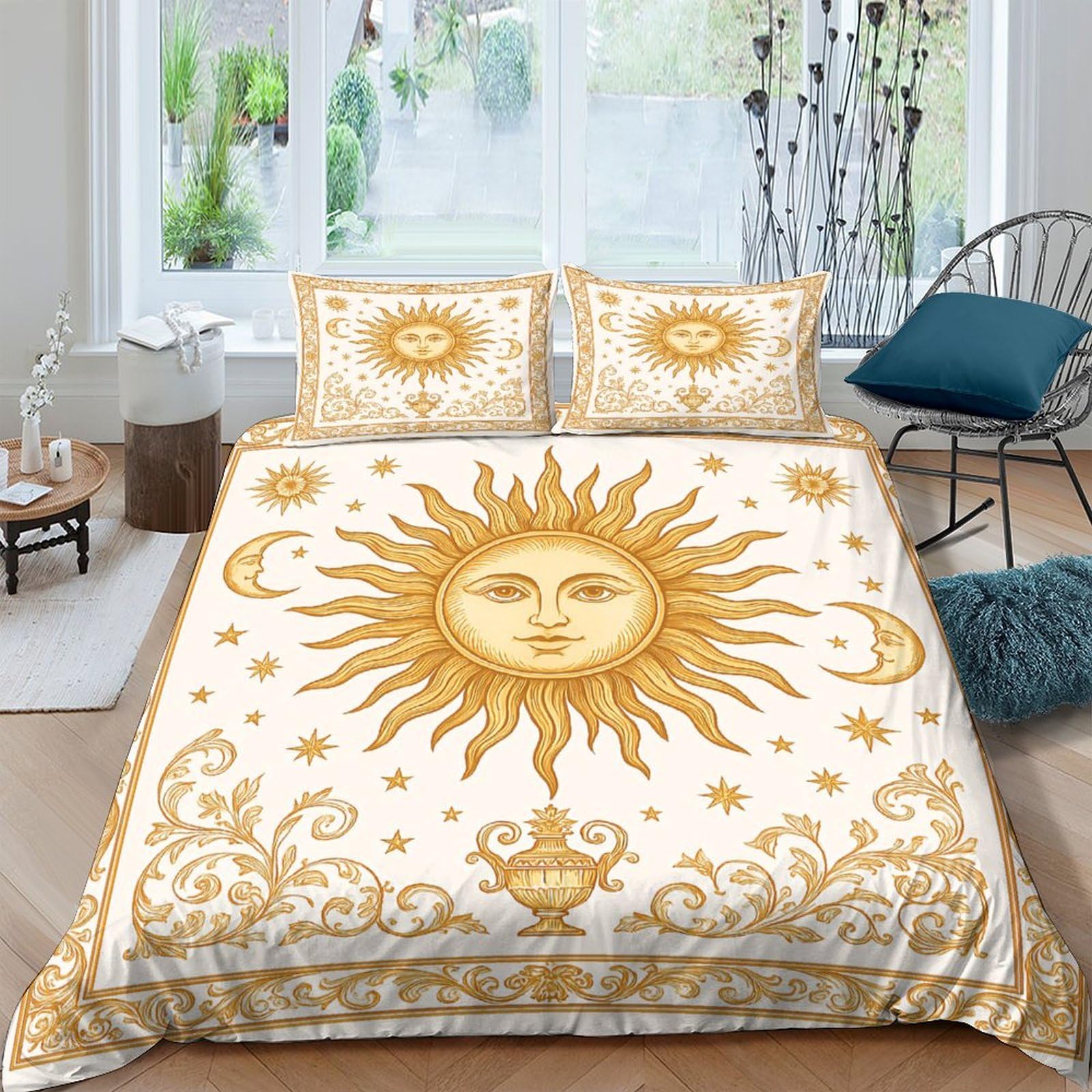 Ctjqhvkz Style-4 3D Printed Sun Moon Pattern Fitted Sheet Microfiber Soft Gold Celestial Bed Cover For Bedroom Guestroom Dorm Mattress Decor Single（135X200cm）