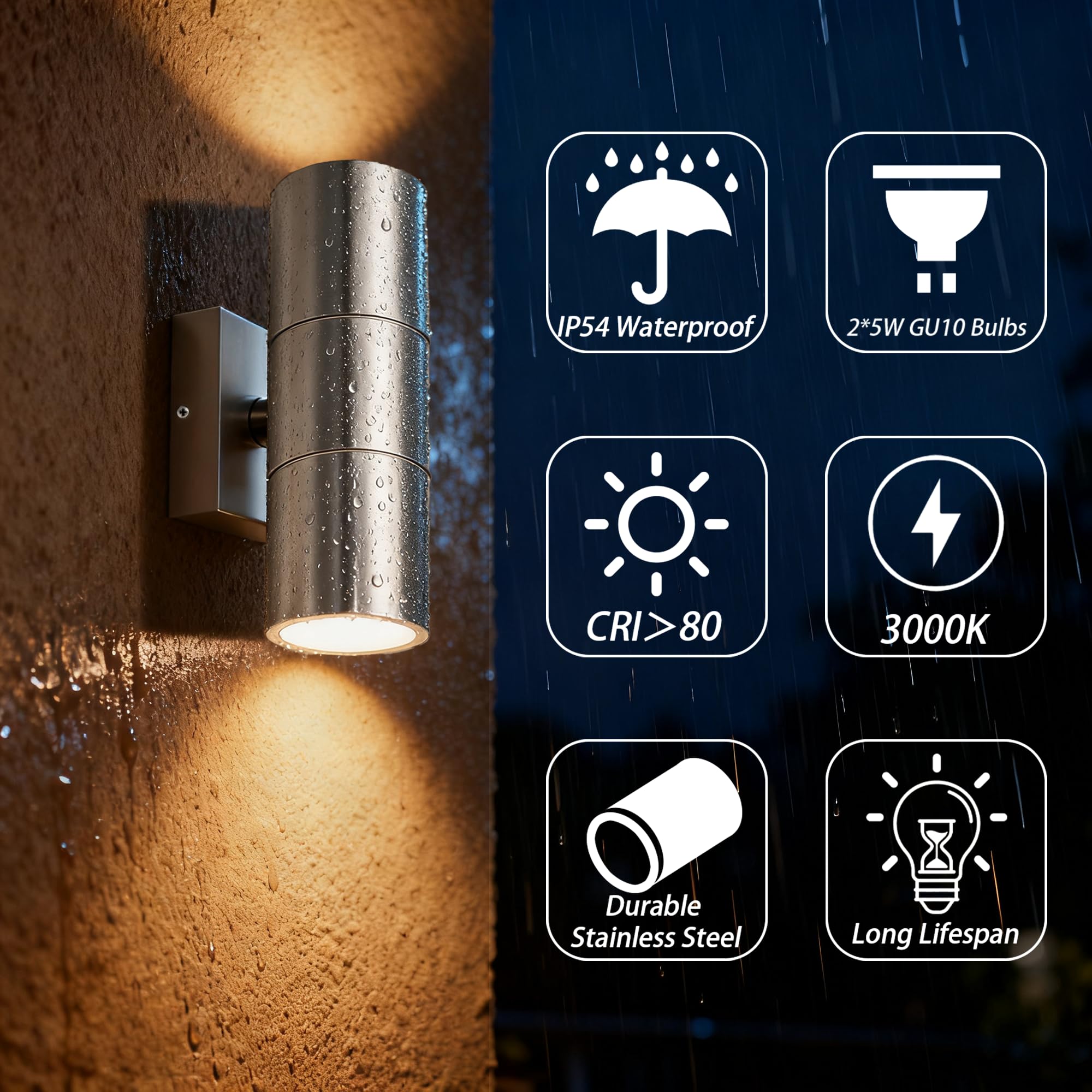 JNR Edelstahl Aussenlampe Wand IP54 Wasserdichte LED Wandleuchte Aussen, Außenlampe Wand inkl. 2 * 5w GU10 3000K Warmweiß Glühbirne, Außenleuchte Wand Up Down LED Aussenleuchte, Silber