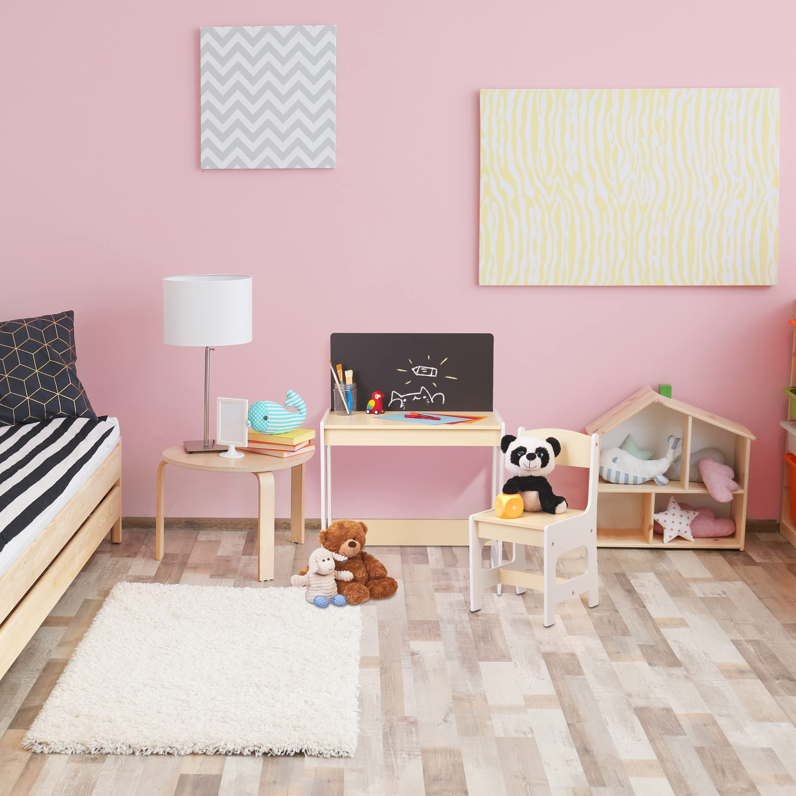 Relaxdays mobilier Enfants Bureau & Chaise, Table avec Tableau, pour Peindre et bricoler, lot pour Petits, Blanc - Beige