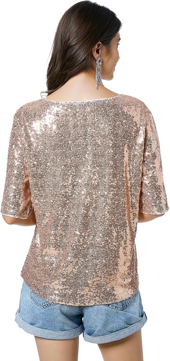 Women’s Sequin Tops Glitter V Neck Loose Summer Shirt Half Sleeve Sparkly Disco Party Plus Size Tunic Blouses - Image 5