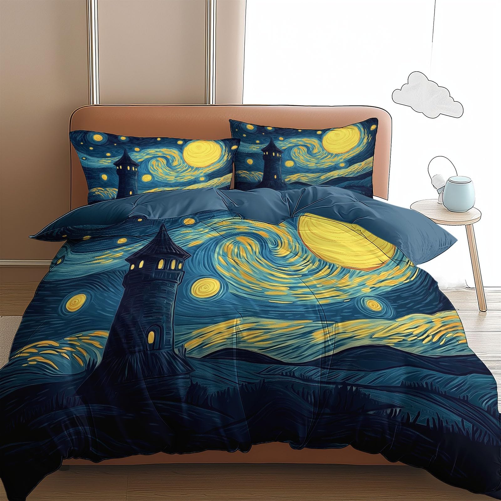 Blue 3D Duvet Cover Toddler Starry Night 3D Printed Bedding Set 3 Pcs Soft Microfiber Comforter Cover with 2 Pillowcase 40