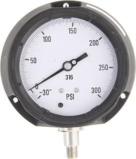 PIC Gauges AHG6-A51.H34 Bottom Mount Glycerine Filled Process Pressure Gauge w/ Phenolic Safety Case, SS Internals, Plastic Lens, 4.5" Dial, 0/3000 psi Range, 1/4" Male NPT
