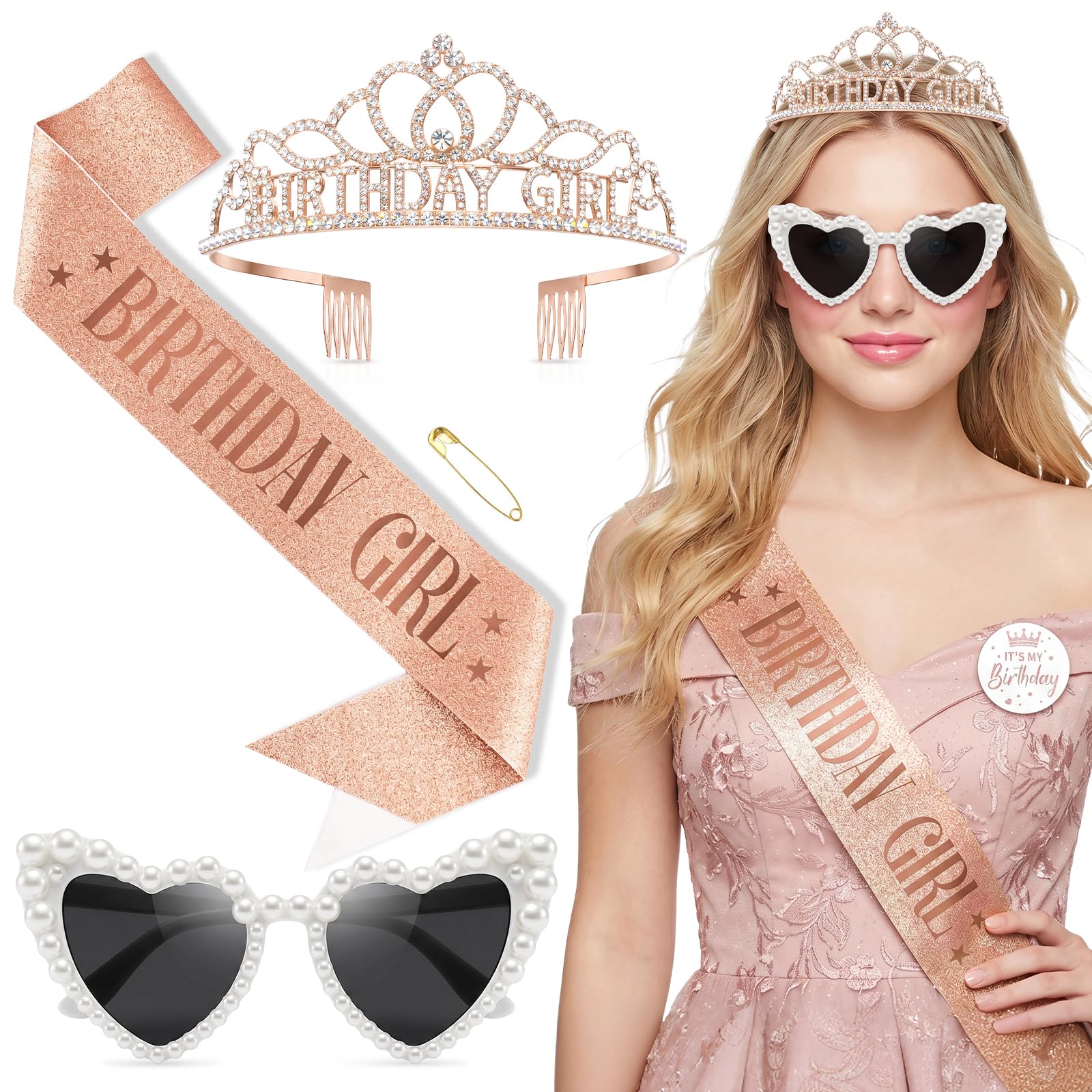 Lrrtdepy 5 Pieces Birthday Queen Sash Tiara Set, Including Rose Gold Birthday Crown Sash Heart Sunglasses Button Pin Birthday Party Accessories for Women Girls Photo Booth & Celebrations