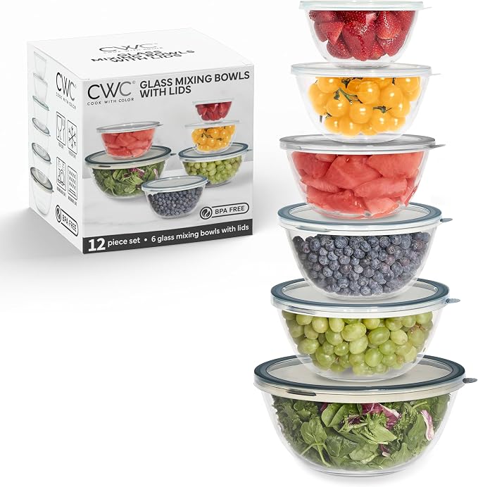 COOK WITH COLOR 12 Pc Glass Mixing Bowl Set with Lids – Borosilicate Glass Nesting Bowls for Cooking, Baking and Meal Prep, Gold Rim