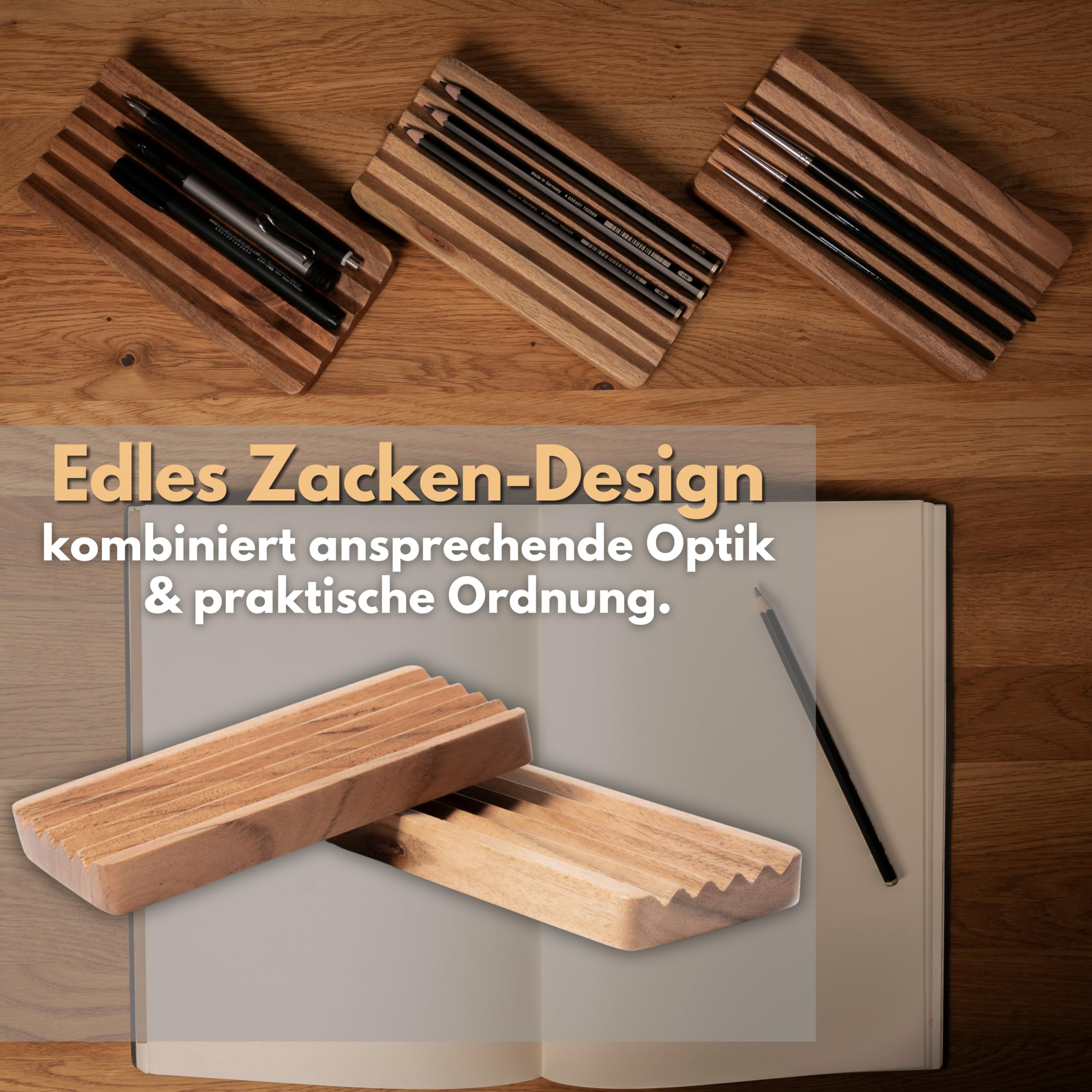 Juego de 2 bandejas de madera de acacia para bolígrafos, 18 x 9 cm, hechas a mano, rústicas, marrones, rectangulares, antideslizantes, para escritorio, utensilios de escritura