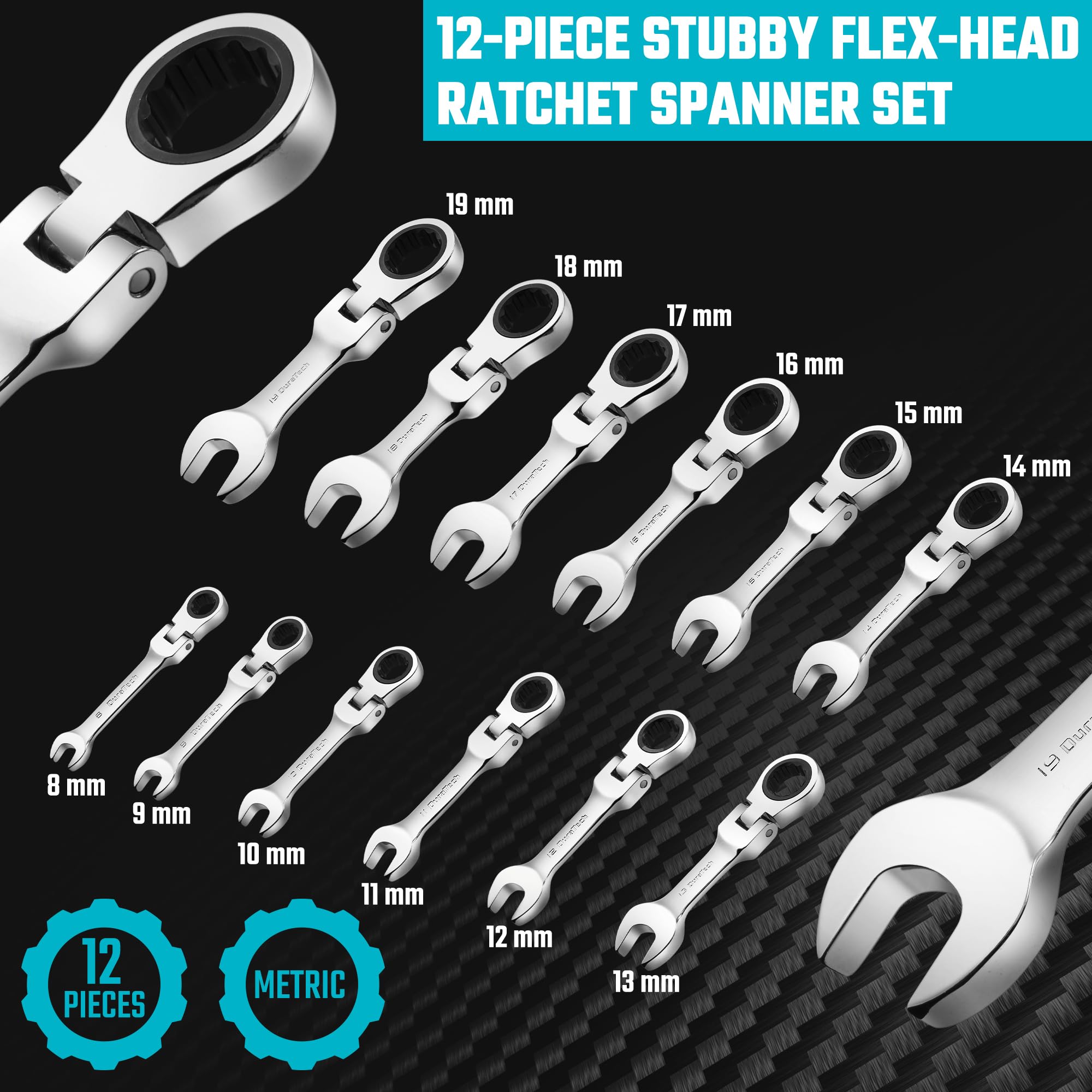 DURATECH Stubby Flex-head Zestaw kluczy płasko-oczkowych, metryczny, 12-częściowy, 8-19 mm, stal CR-V, z woreczkiem