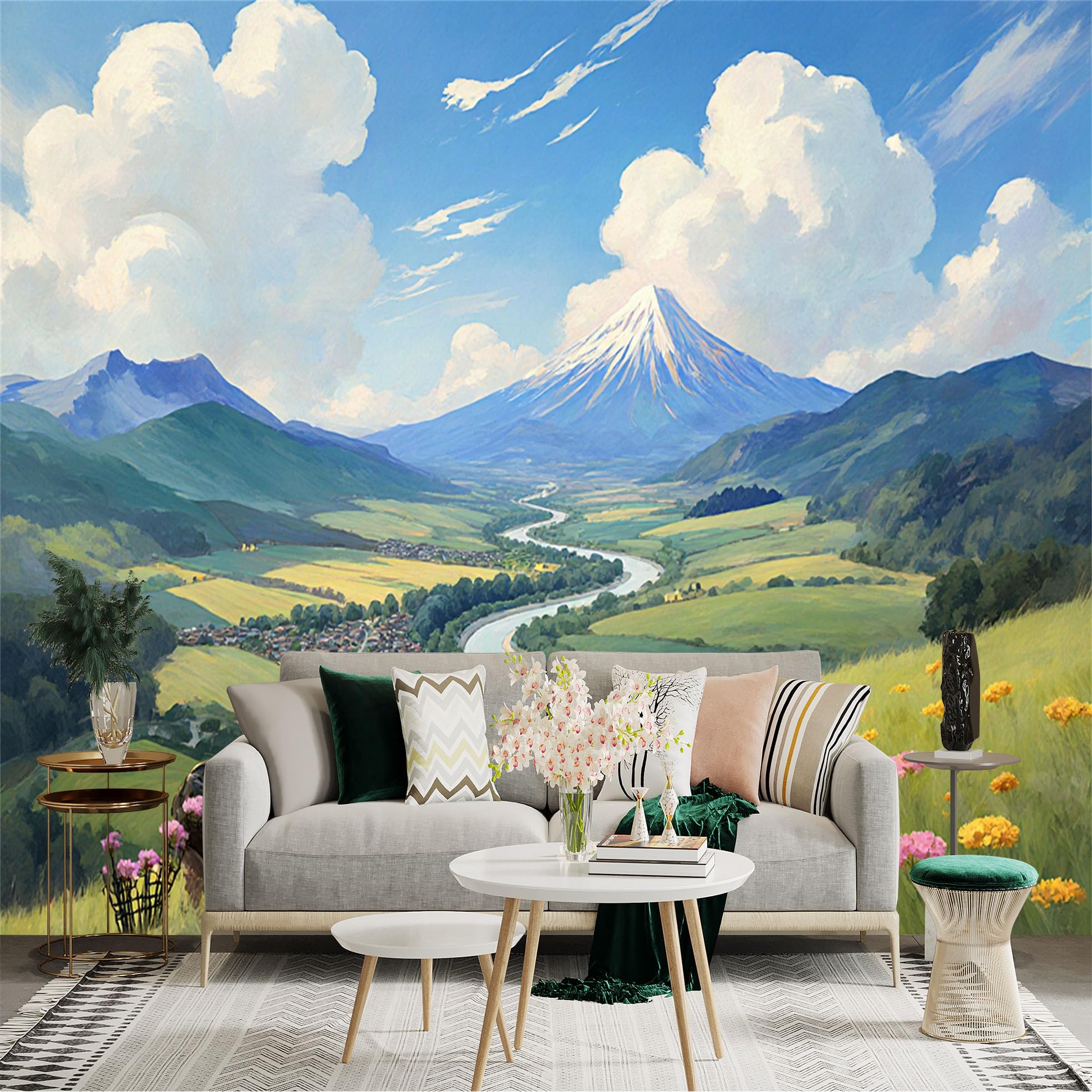 Lnzczhyre Xc260505353 Custom Size Wall Sticker Mural， Scenic Mountain Landscape， Lush Green Valley， Winding River And Wildflowers， For Wall Decoration， Peelandstick Wall Decals.