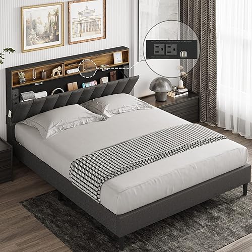 Tiptiper Queen Bed Frame with Storage Headboard & Charging Station, Clearance Upholstered Bed Frame Queen Size with 12 Wood Slats, No Box Spring Needed, Dark Grey