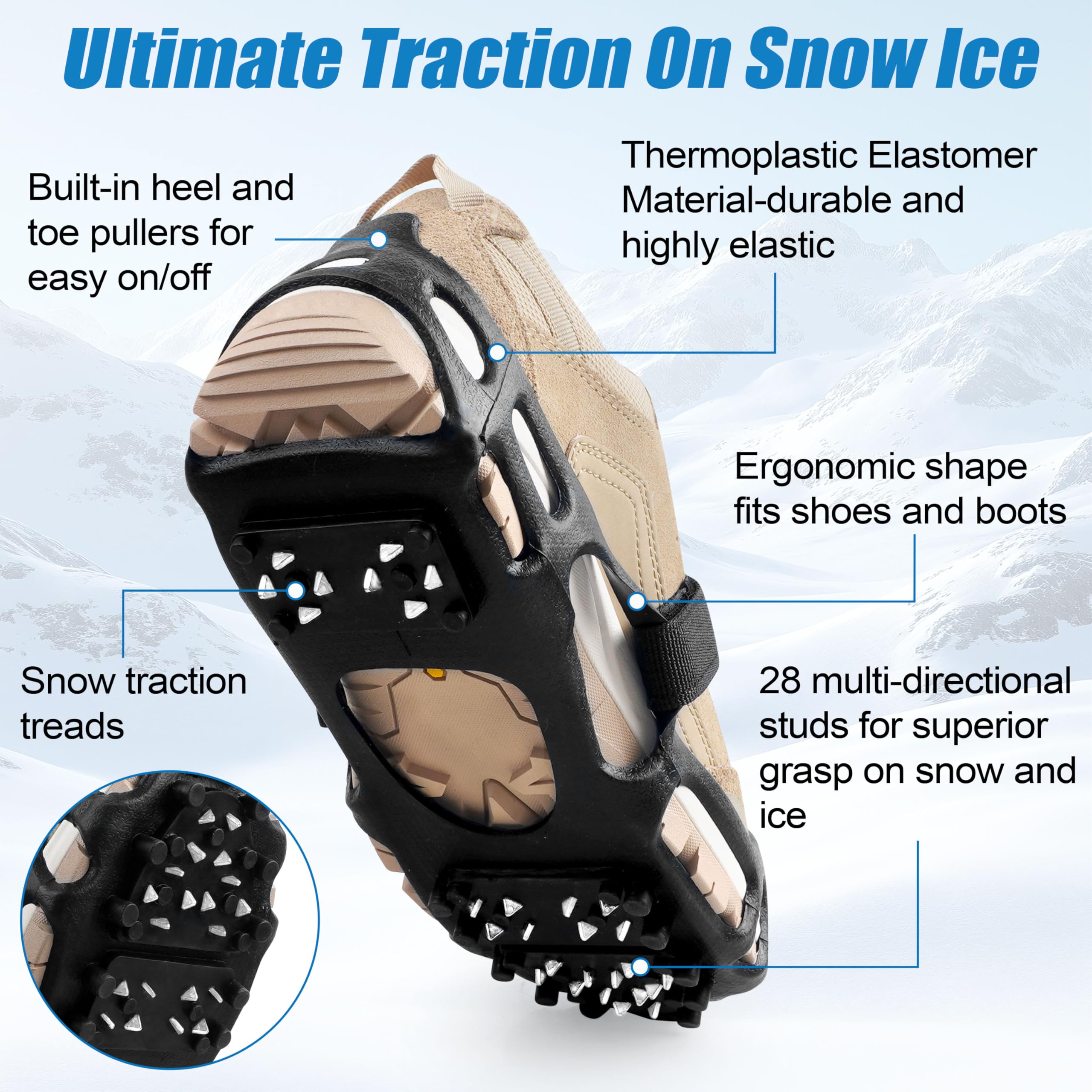 Knagi do lodu Snow Walk Traction Cleats Raki do chodzenia po śniegu i lodzie, ulepszenie 28 kolców, antypoślizgowa guma, antypoślizgowe raki, wsuwane, rozciągliwe obuwie