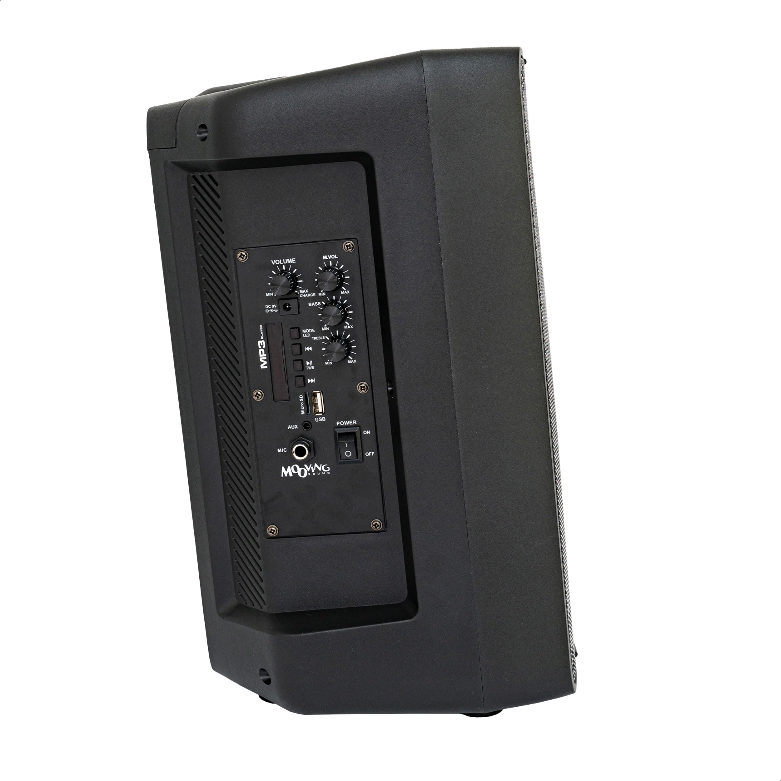 MS-KARA-MOOV500 - MOOVING SOUND - 8"/500W głośnik zasilany bateryjnie z efektem świetlnym na przednim panelu, 1 mikrofon bezprzewodowy i 1 mikrofon przewodowy - Czarny