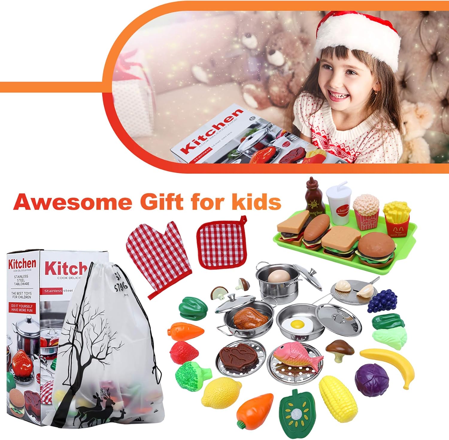 Toys for 3 4 Year Old Girls Boys,45PCS Stainless Steel Play Kitchen Accessories Toys for Girls,Play Food Sets for Kids Kitchen,Toddler Toys for Girl : Toys & Games