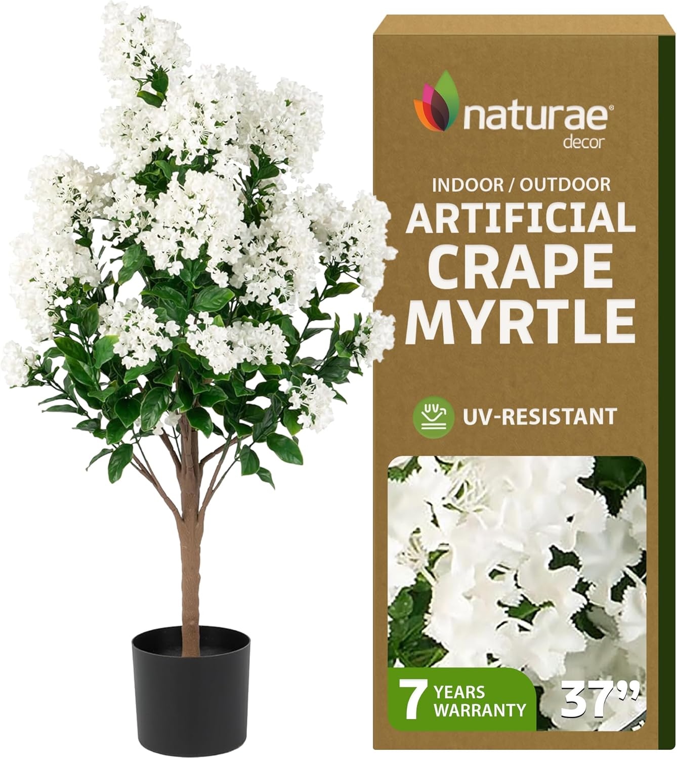 Naturae Decor White Crape Myrtle Tree - Lifelike Artificial Indoor and Outdoor Flower Tree - UV Resistant - 36 in High
