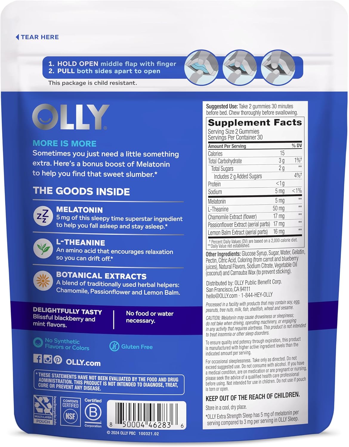 OLLY Extra Strength Sleep, 5 mg Melatonin L-Theanine, Chamomile and Botanicals - 60ct Pouch - Image 9