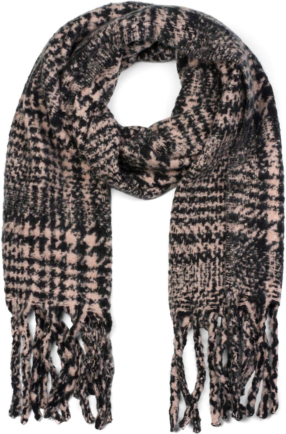 Stylebreaker Women's Rose-Black Scarf With Check Print And Long Fringing, Winter Scarf, Stole, Shawl 01017102, Colour: