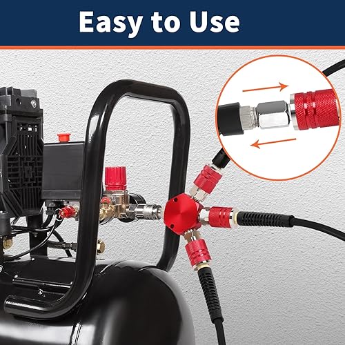 Miniatura 4 de Ufixed Divisor de manguera de aire de 3 vías no óxido Acoplador 14 NPT rojo, divisor de compresor de aire a prueba de fugas múltiple colector de
