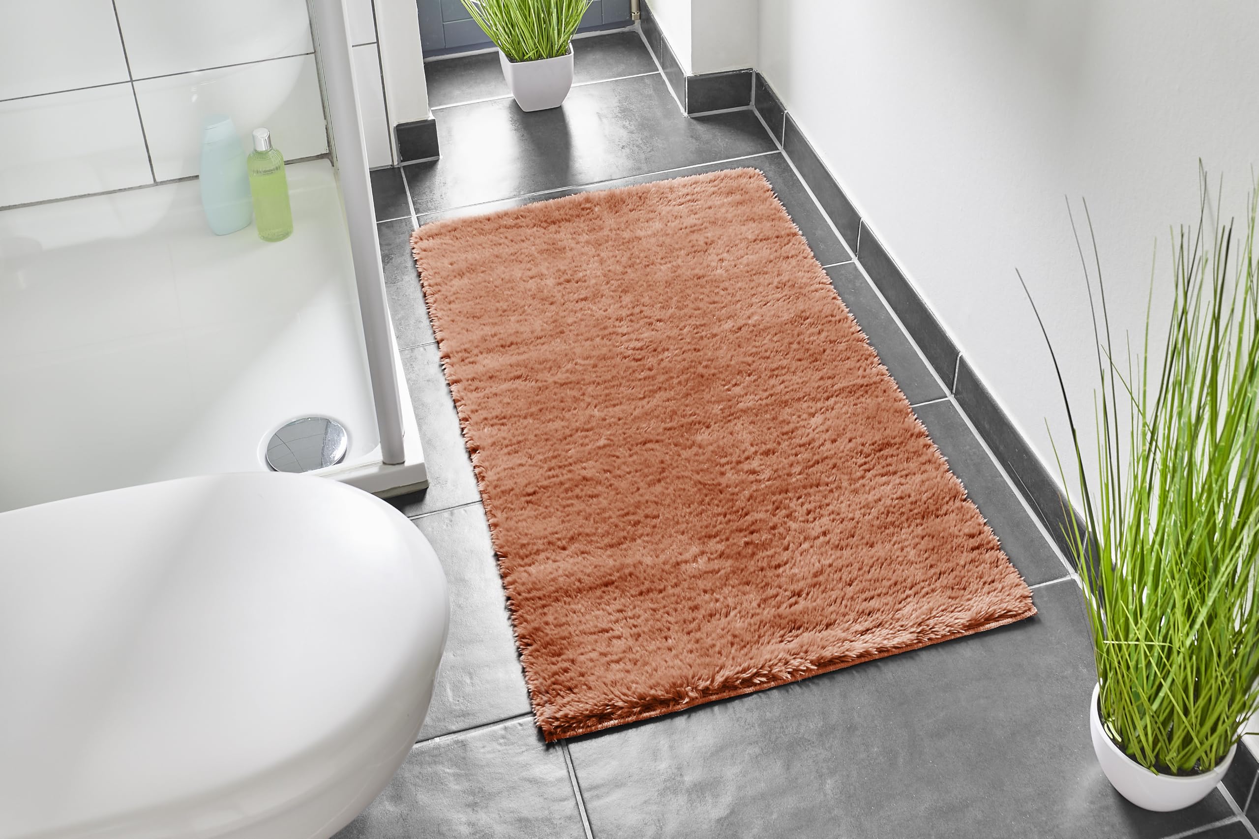 andiamo Badematte rutschfest Florida - Badezimmerteppich weich und flauschig - Badteppich rutschfest waschbar Duschvorleger Badvorleger für Badezimmer 2er Set 40 x 60 cm + 60 x 100 cm rostrot