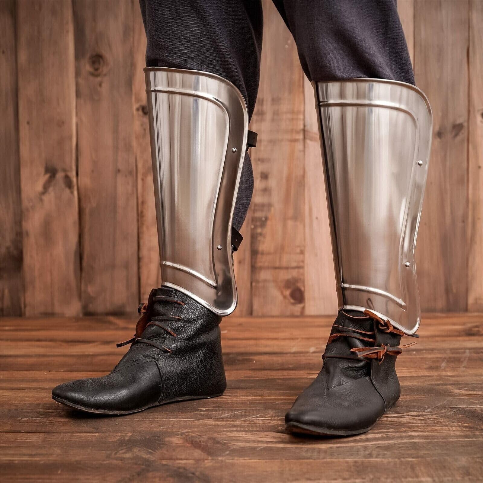 Medieval Greaves Armor 18 Gauge Steel Leg Guard Knight Costume LARP Set Leg Armour Halloween Silver
