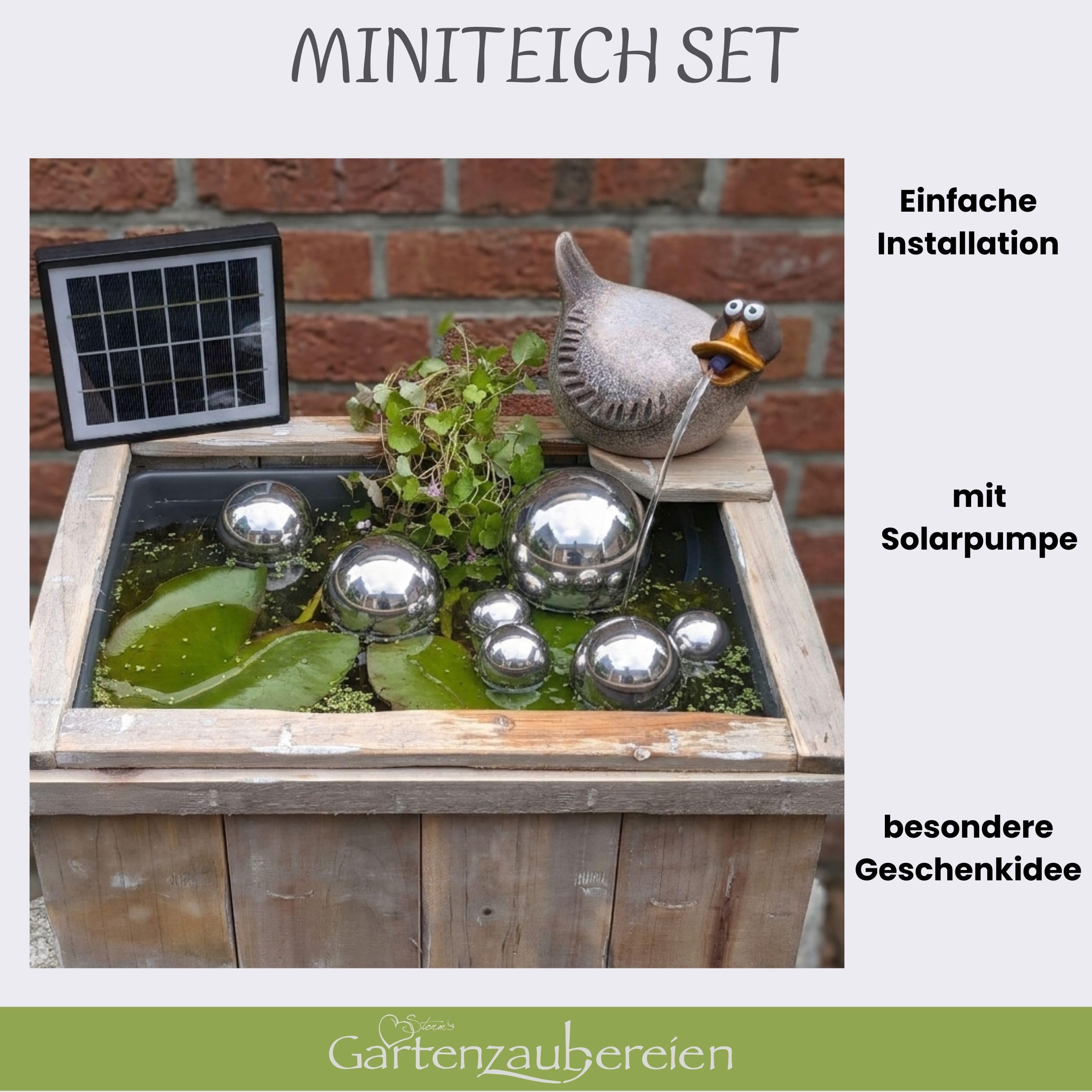Storm's Gartenzaubereien Holzkiste mit Wasserspeier Ente, Kugeln + Solar | Kompletter Miniteich mit Pumpe