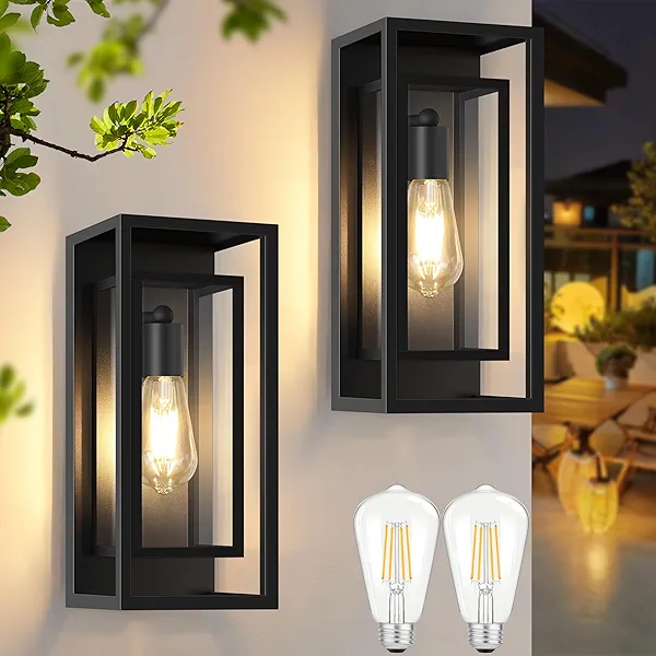Feanron Outdoor Wall Lantern, Exterior Waterproof Black Porch Lights Wall Mounted, Sconces Wall Lighting with Clear Glass Shade, Anti-Rust 14''H Outdoor Wall Lights for Front Door Patio Garage, 2-Pack