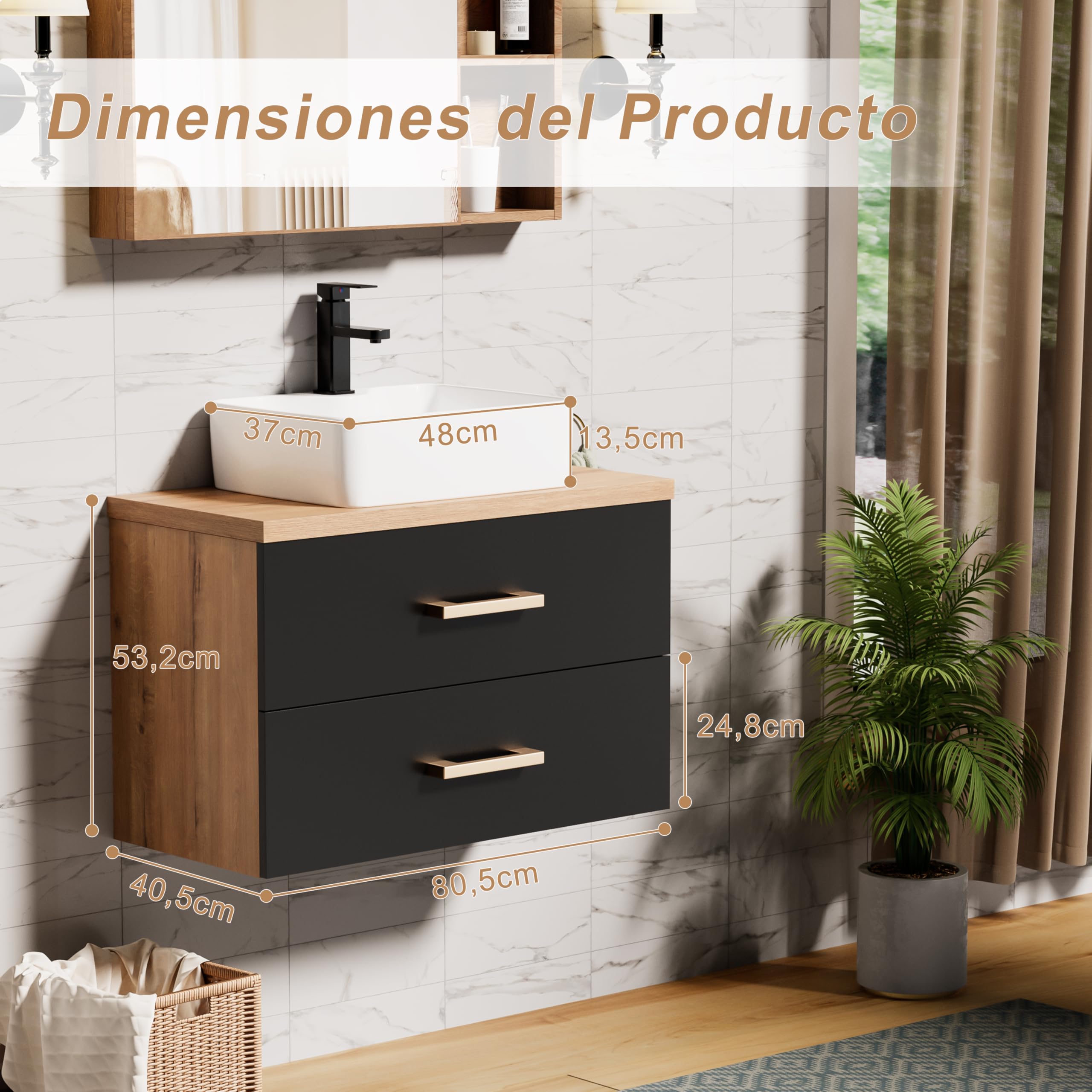 UEV Mueble de Baño 80CM con Lavabo de Estilo Rústico, Lavabo con Mueble de Pared, Mueble de Baño Colgado de Pared Impermeable y Resistente, Negro