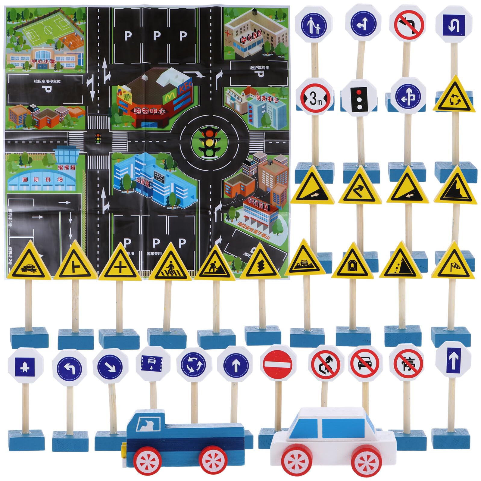 Set Giocattoli Segnali Stradali in Legno, 33 Cartelli Stradali 2 Veicoli e Mappa, Blocchi Educativi per Gioco di Simulazione e Sicurezza Stradale
