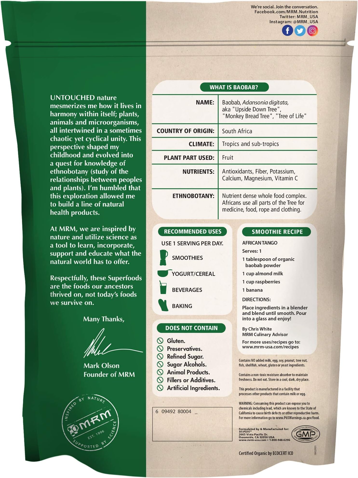 MRM Organic Baobab Powder - For Women & Men - USDA Organic Baobab Fruit Powder Superfood with Fiber, Antioxidants & Vitamin C for Smoothies, Juices & Daily Nutrition, Vegan, Gluten-Free - 40 Servings