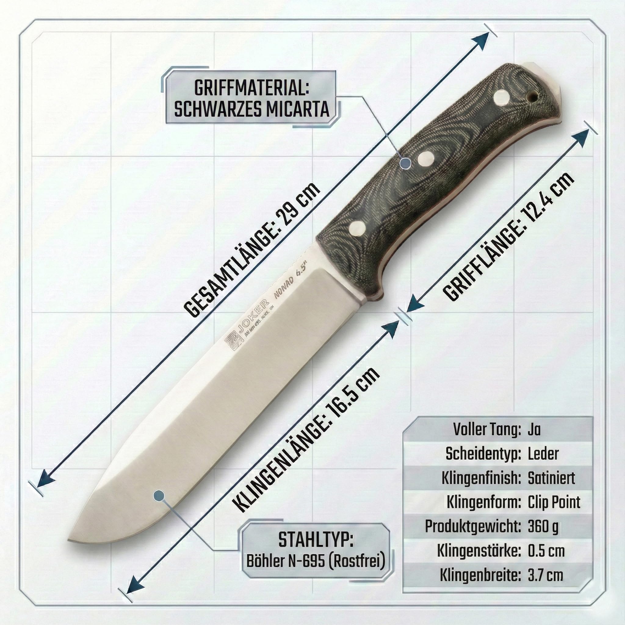 Joker Überlebensmesser Nomad 6.5" CM137-K, schwarzer Micarta-Griff, 16,5 cm Klinge, Kydex-Scheide, Werkzeug für Angeln, Jagd, Camping und Wandern