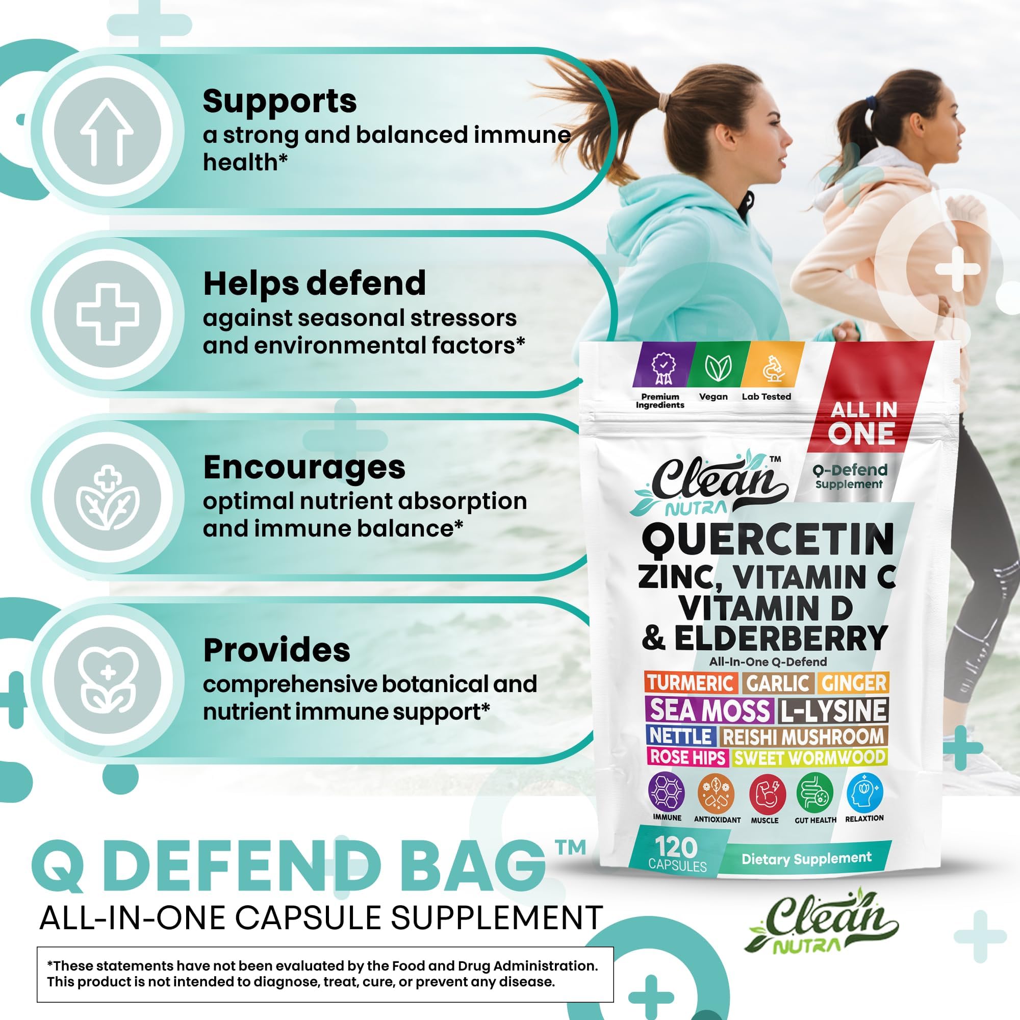 Q Defend Quercetin Supplement with Zinc Vitamin C Vitamin D Elderberry Turmeric Black Pepper Garlic Ginger Sea Moss Lysine Stinging Nettle Reishi Mushroom Immune Support 120 Capsules by Clean Nutra — Amazon image 5