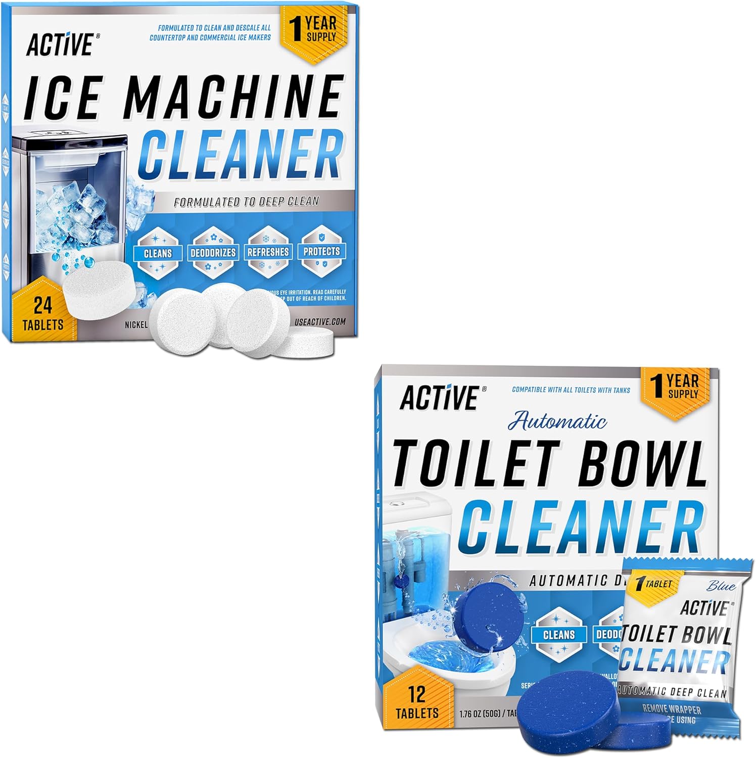 ACTIVE Ice Machine Cleaner Tablets and Automatic Toilet Bowl Cleaner - Includes 24ct Ice Maker Cleaning Tablets and 12pk Auto Blue Toilet Bowl Cleaning Tabs