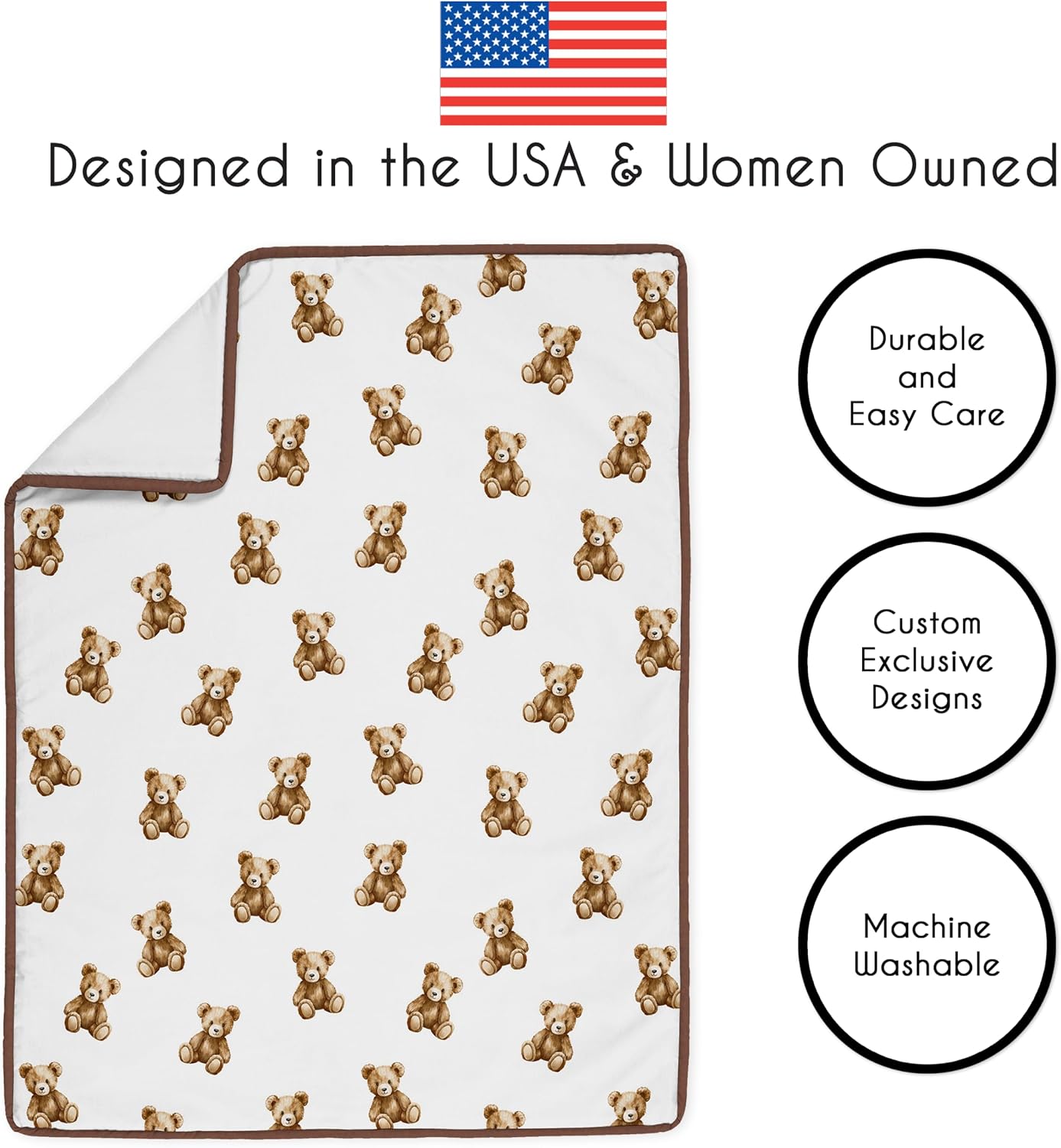 Sweet Jojo Designs 3-Piece Baby Crib Bedding Set (Boho Teddy Bear) for Boys or Girls, Infants/Nursery incl. Blanket, Fitted Sheet and Skirt (Soft Brown Bears, Watercolor, Classic, Wholesome Aesthetic)