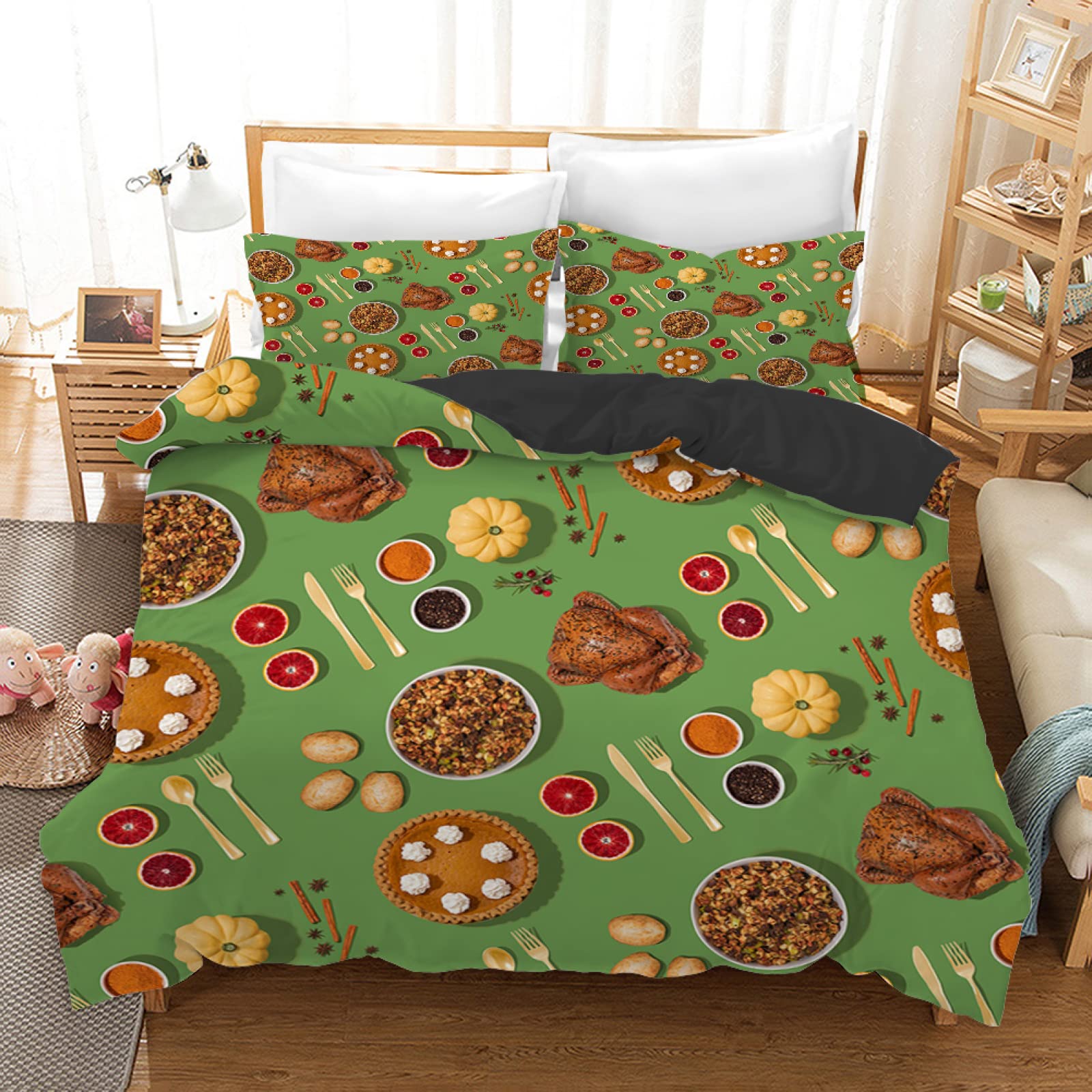 Parure housse de couette marron et verte pour chambre d'enfant et ado avec fermeture éclair pratique