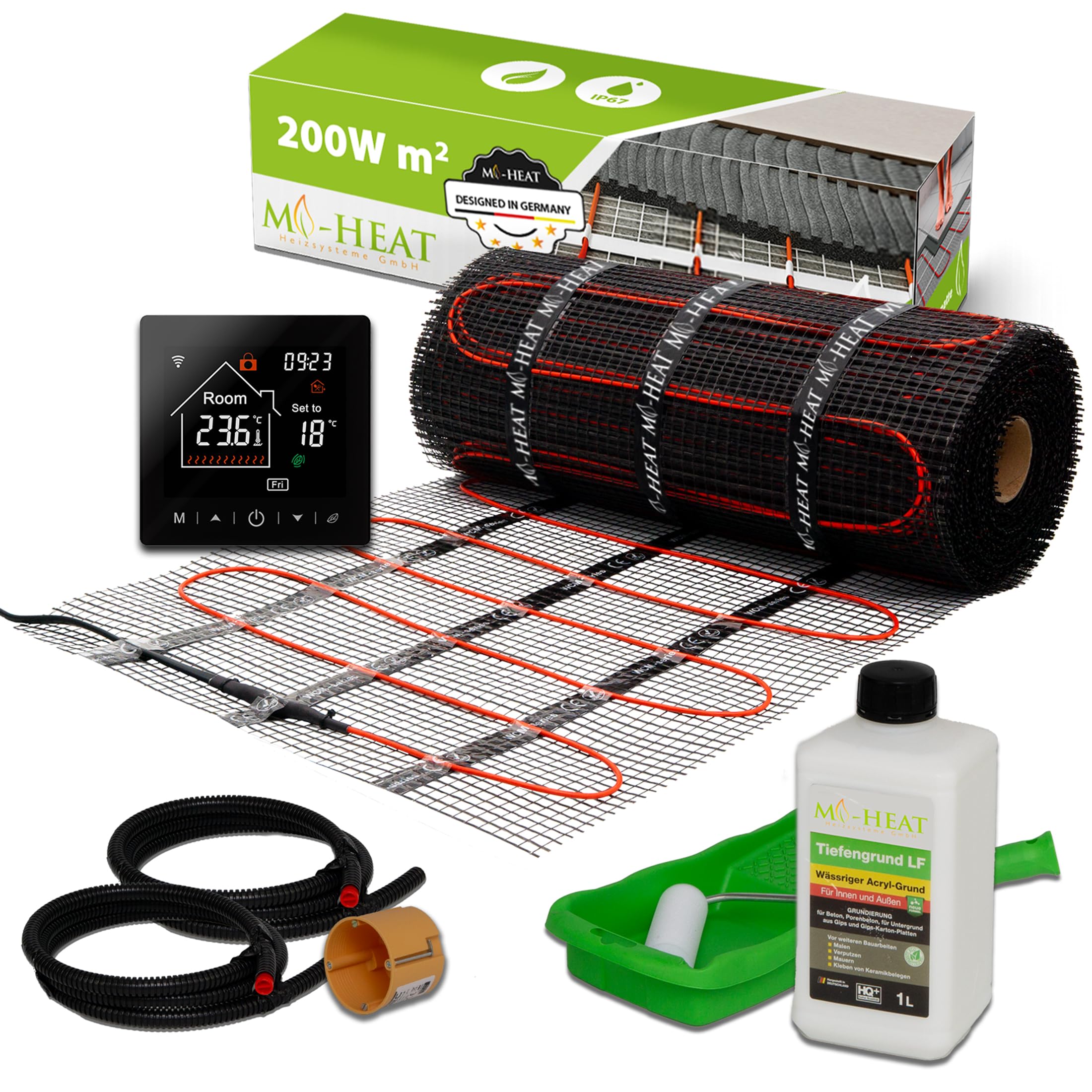 Mi-Heat Elektryczne ogrzewanie podłogowe 200 W/m², 2,5 m², zestaw – mata grzewcza do ogrzewania podłogowego, masa wyrównująca – do płytek, winylu, parkietu i laminatu – w zestawie termostat M2 WiFi