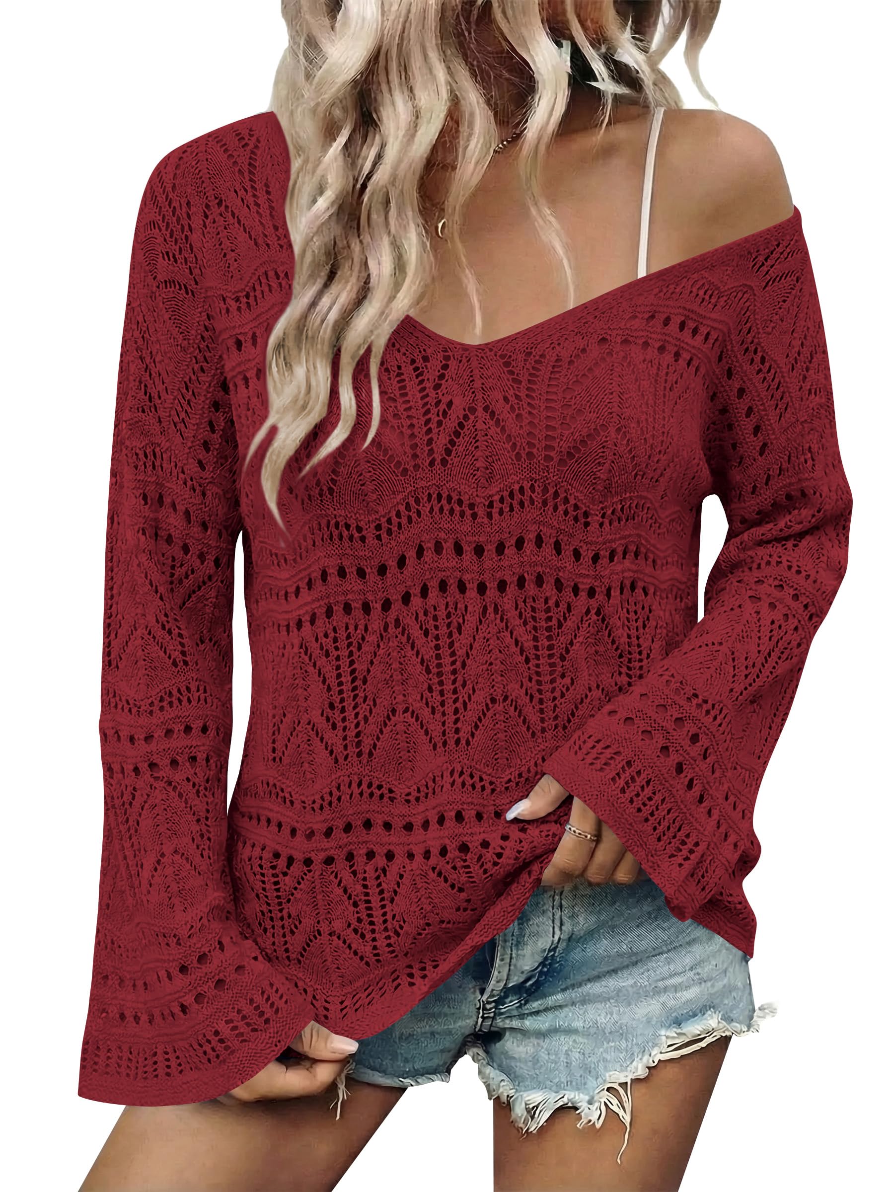 Cakulo Womens Summer Crochet Tops Boho Off Shoulder Sweaters Lightweight V Neck Loose Vacation Resort Wear 2026