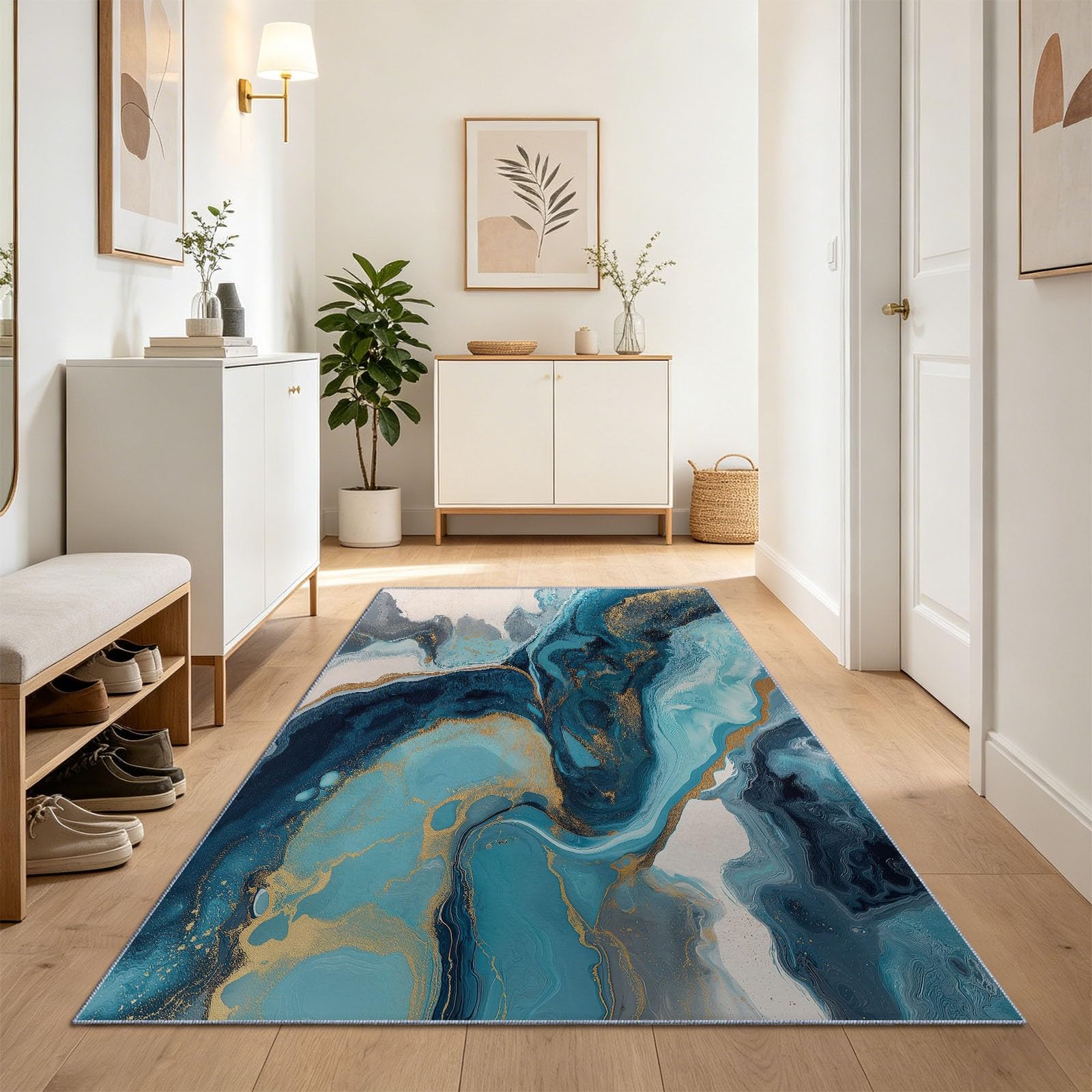 Tapis couloir 60x180 antidérapant bleu moderne pour entrée chambre et bureau chic