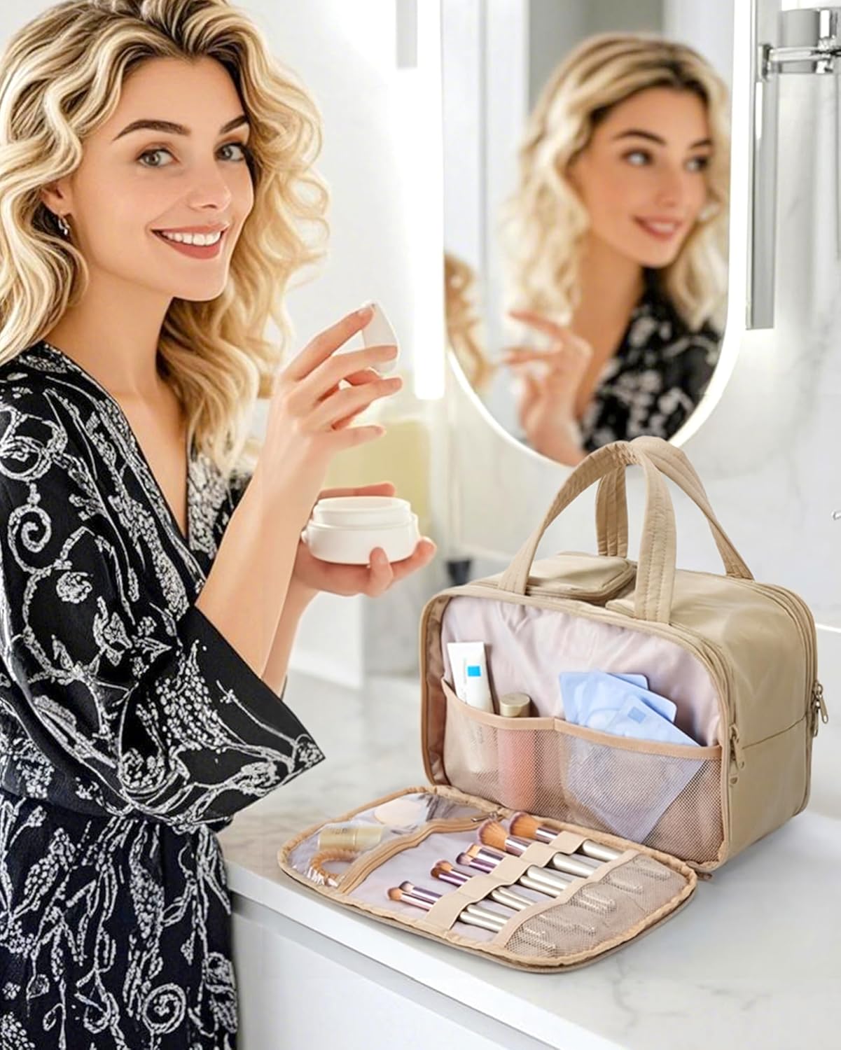 BAGSMART Travel Toiletry Bag, Puffy Large Toiletry Bag for Women, Lightweight Cosmetic Makeup Bag Organizer with Handle for Traveling, Accessories, Essentials, Toiletries (Grayish Brown) - Image 2