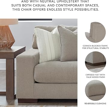 Signature Design by Ashley Maggie Oversized Chair, Cozy Chair and a Half, Plush Chenille, Durable Wood Frame, No Assembly Required, Accent Pillow, For Living Room & Bedroom, Flax Light Gray
