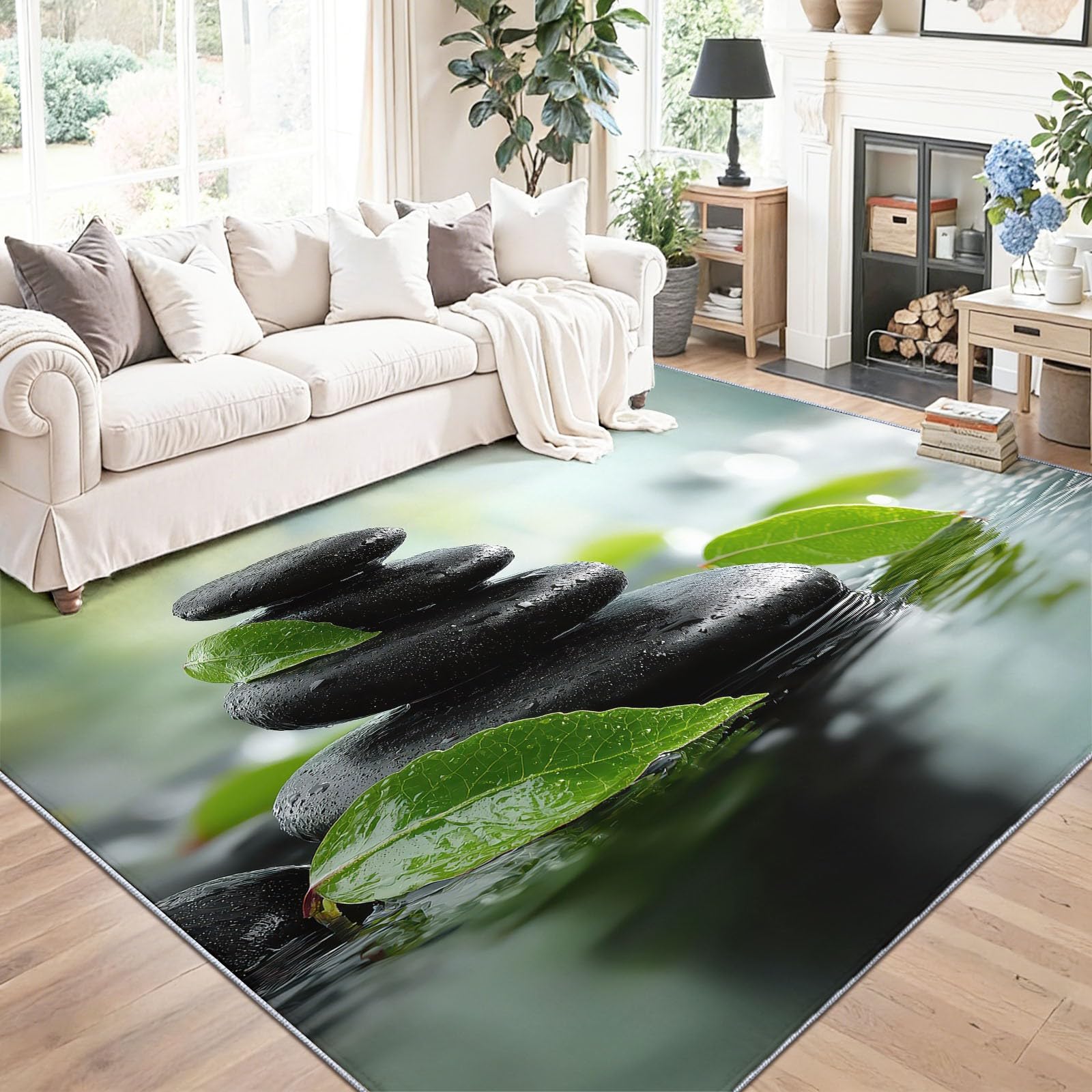 Minimalism Naturalny dywan, 80 x 150 cm, czarne kamyki, liście, można prać w pralce, duży dywan do salonu, antypoślizgowy miękki dywan z niskim runem do sypialni i jadalni, trwały wystrój domu