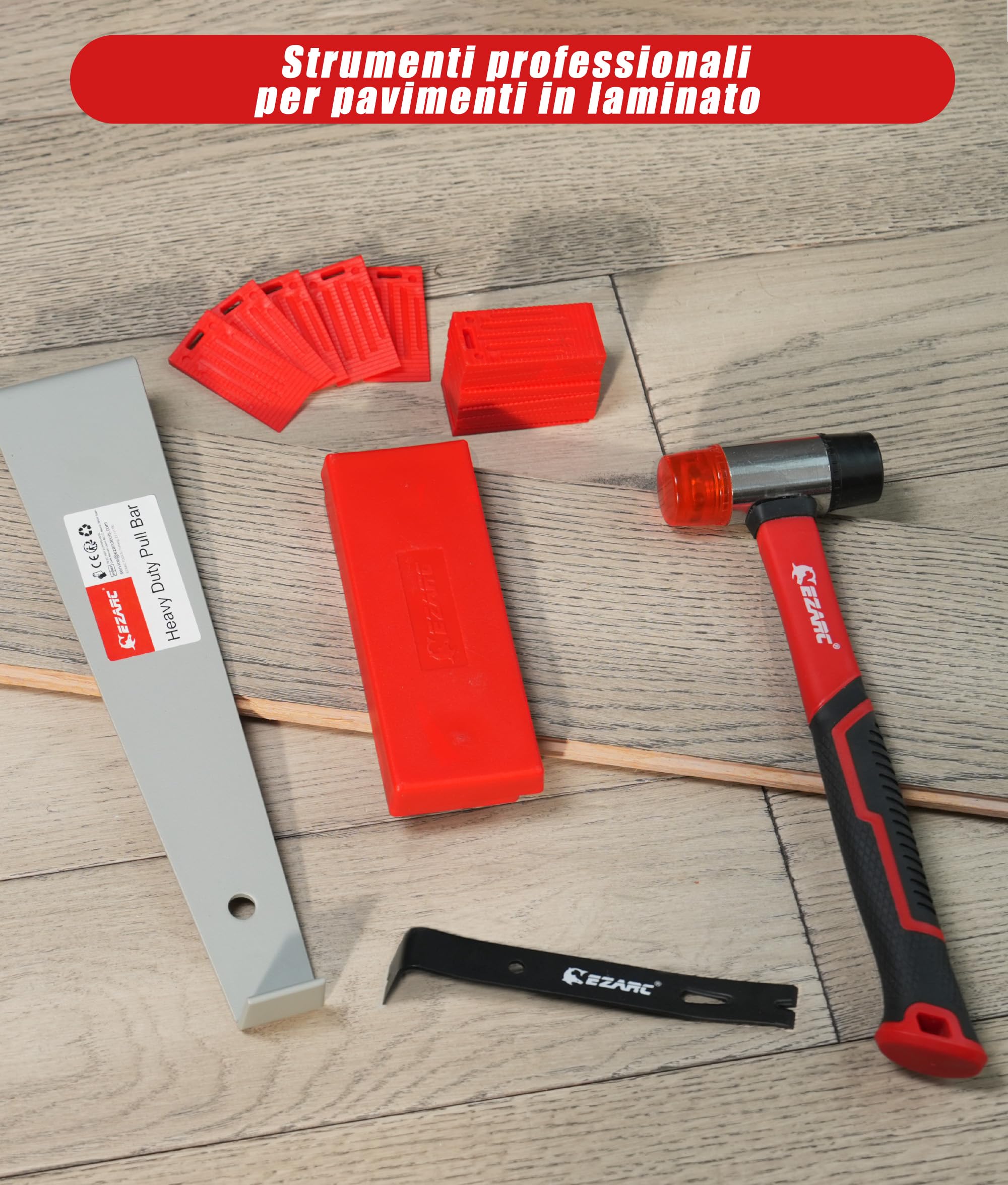 EZARC Kit di strumenti per pavimenti in laminato rinforzato, con martello a doppia faccia, barra di trazione pesante, blocco di battitura, ginocchiere, cuneo e 50 distanziatori per pavimento.